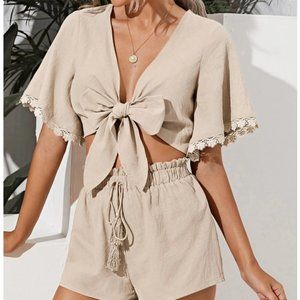 Tie Front Guipure Lace Trim Top & Shorts Set